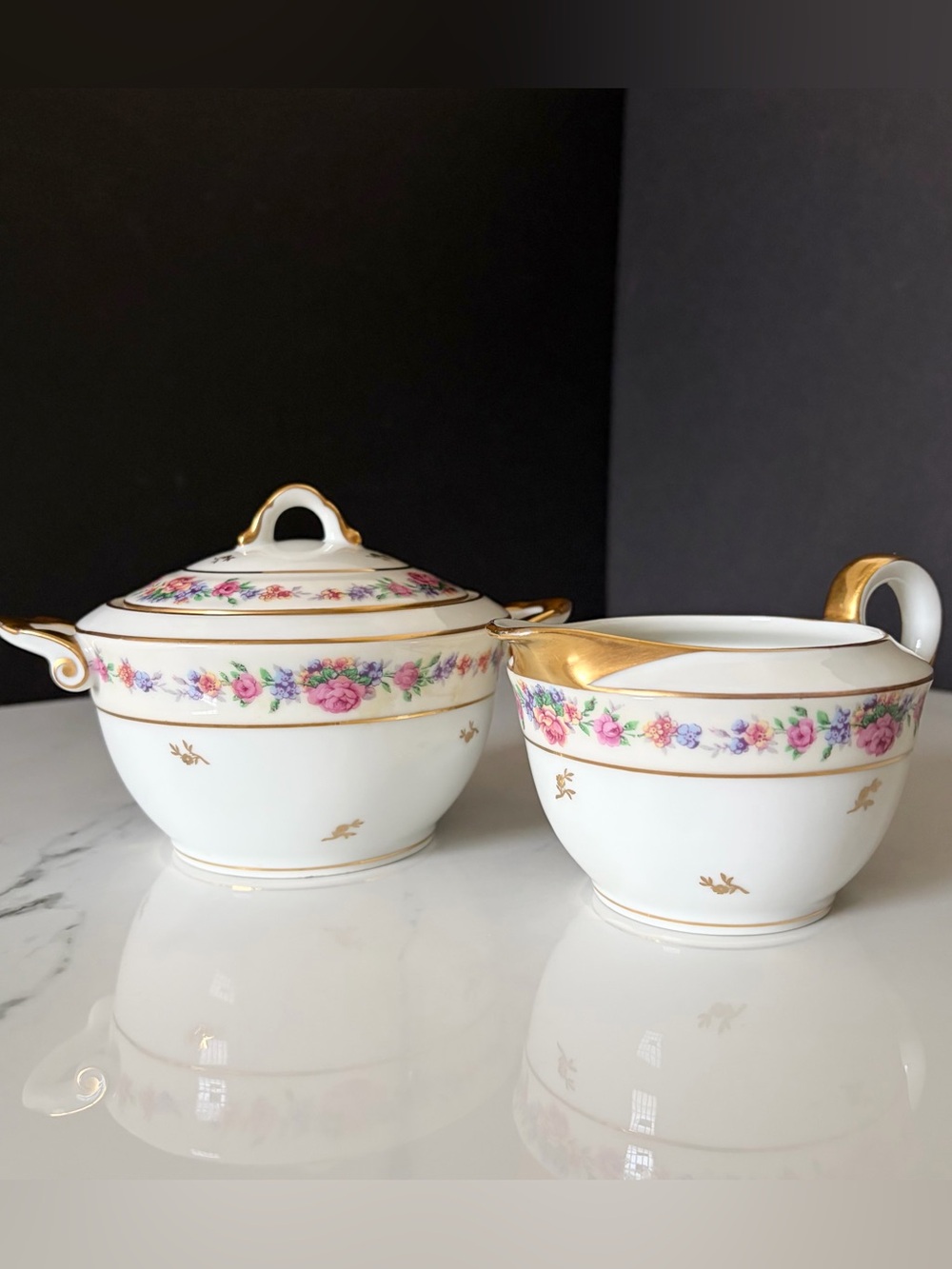 Sugar & Creamer SET - Pink Floral & Gold - Chastagner Limoges